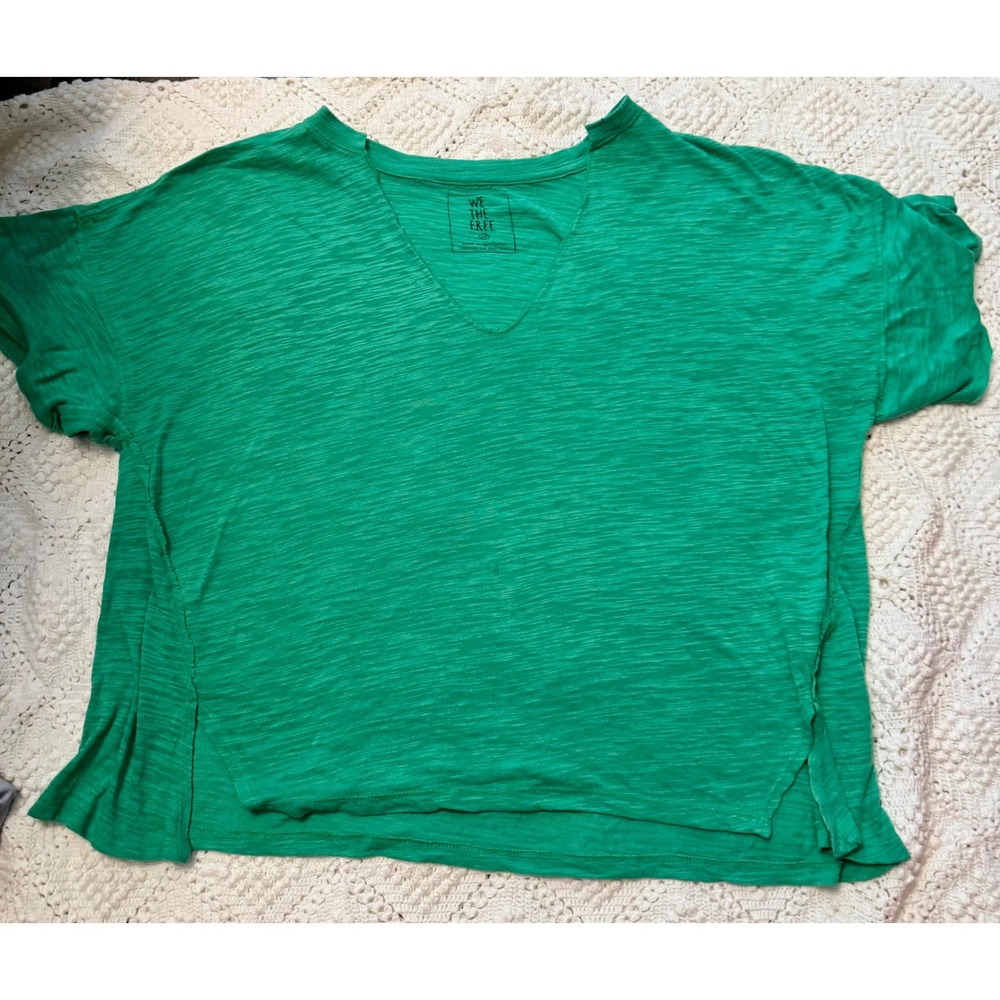 We The Free People Green Oversized V-Neck Slub Knit T-Shirt Womens XS